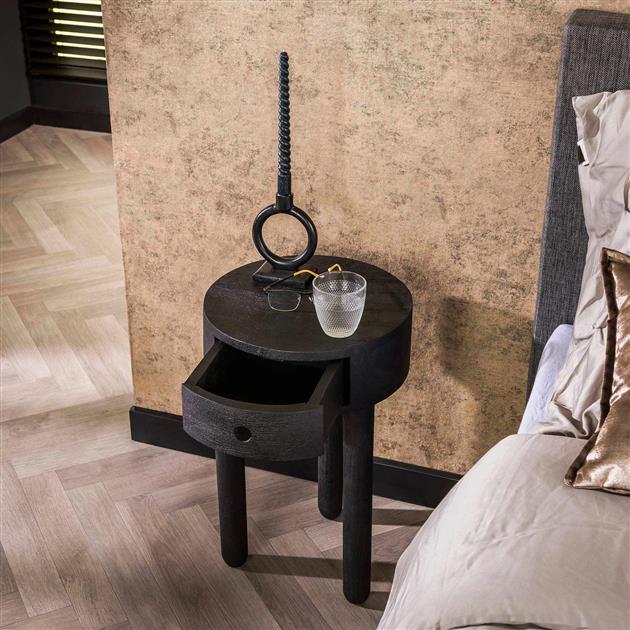 Modera - Nachtkastje 1L round full wood - Massief acacia zwart