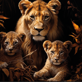 Glasschilderij - Exclusive - Liggend - Leeuwenfamilie Leeuwin 2 Welpen