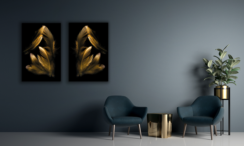 COMBI VOORDEELSET - Golden Feathers - 2x 120x80 cm - Glasschilderijen