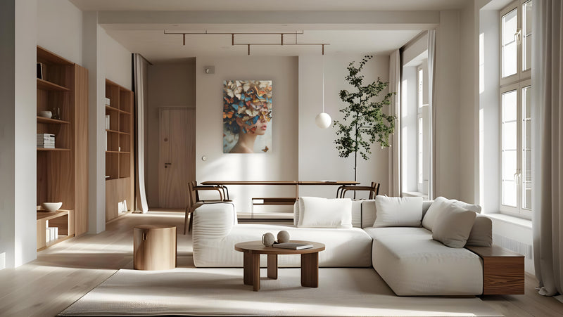 Glasschilderij - Exclusive - Staand - Vrouw met Vlinders Aubrey