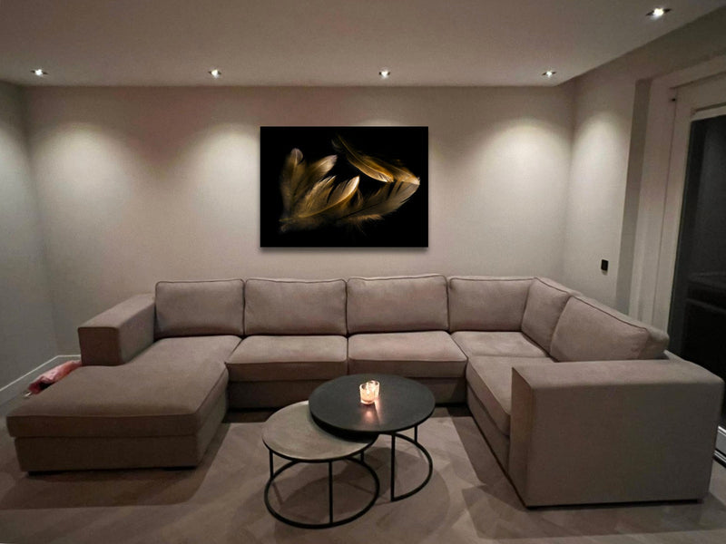 Glasschilderij - 100x150 / 80x120 / 60x90cm (liggend) - Exclusive - Special - Gouden Veren Mary - meubelboutique.nl