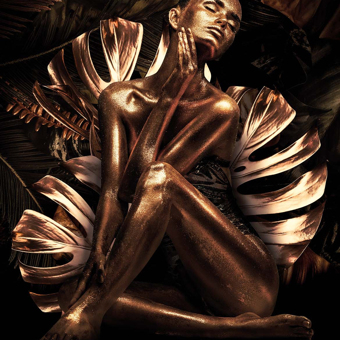 Glasschilderij - 100x150 / 80x120 / 60x90cm (staand) - Exclusive - Vrouw Goud Bloemen