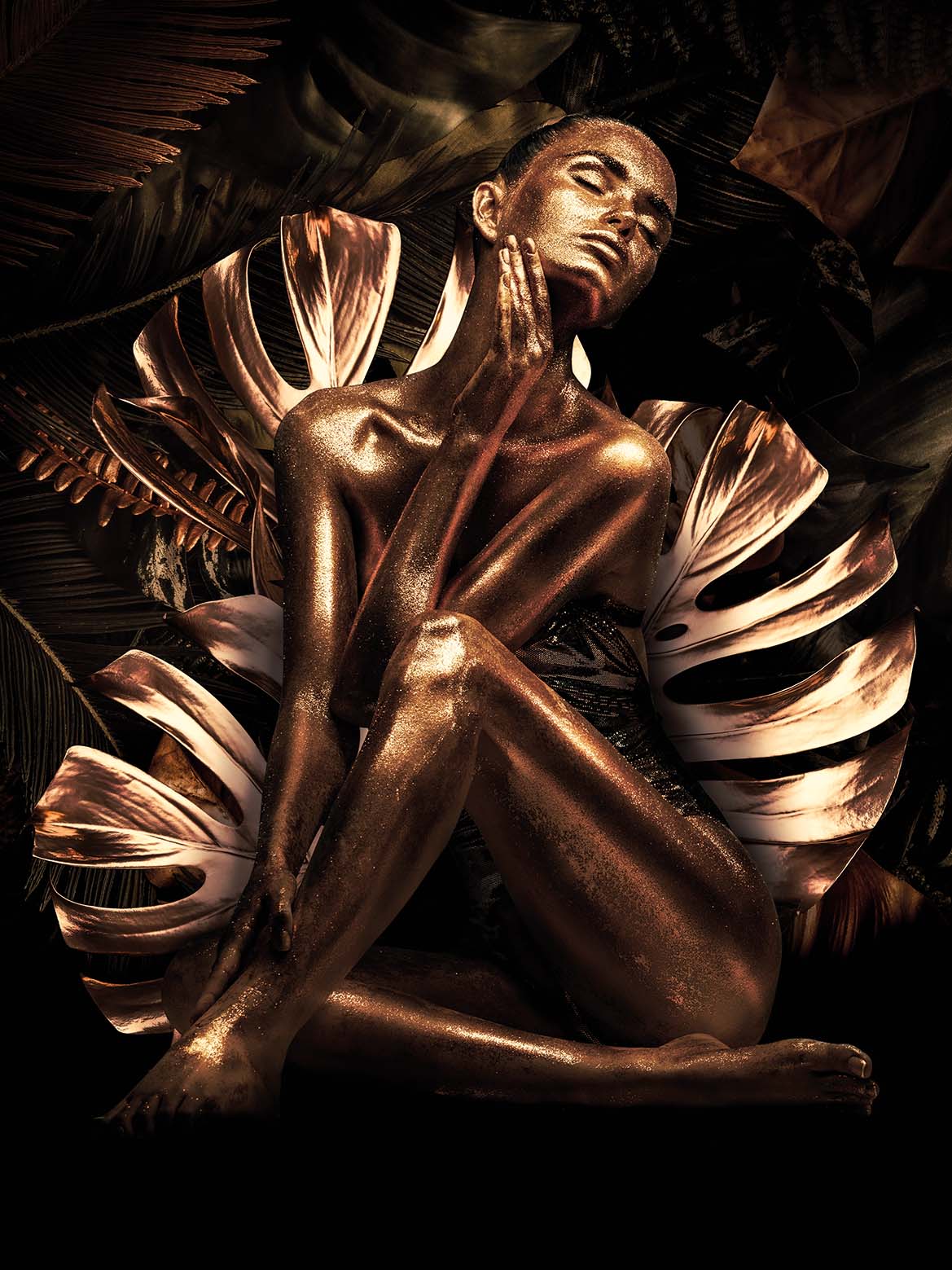 Glasschilderij - 100x150 / 80x120 / 60x90cm (staand) - Exclusive - Vrouw Goud Bloemen