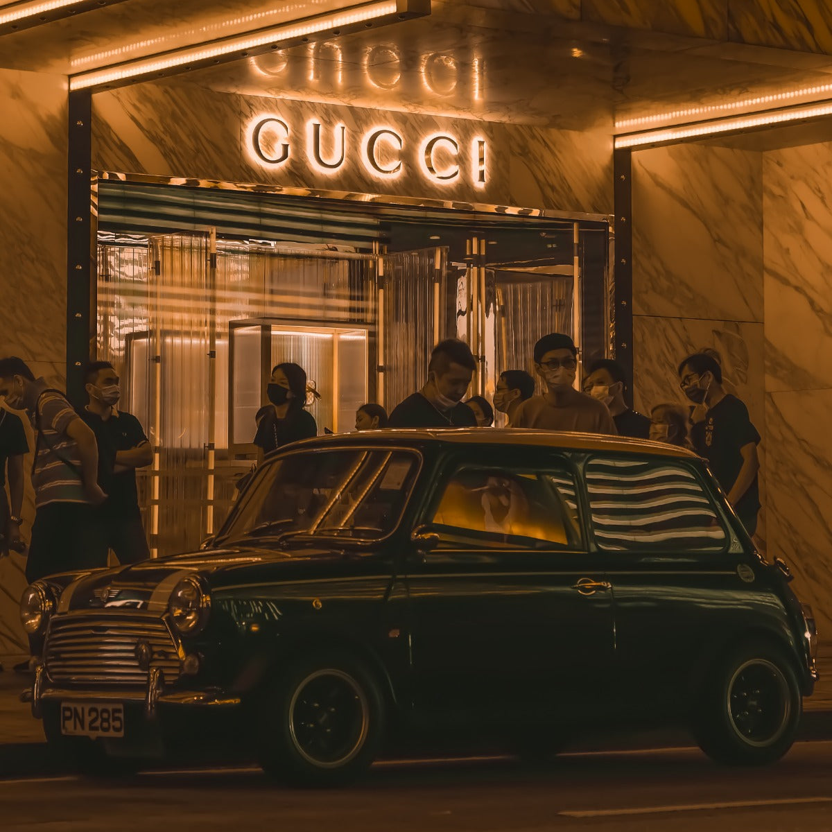 Glasschilderij - 100x150 / 80x120 / 60x90cm (staand) - Mini Cooper x Gucci