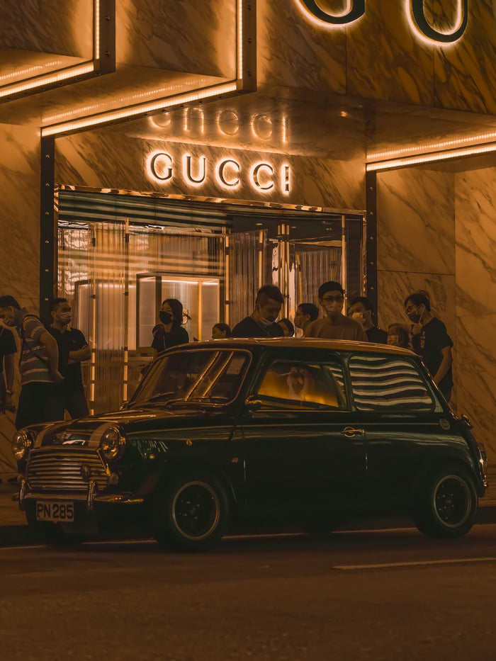 Glasschilderij - 100x150 / 80x120 / 60x90cm (staand) - Mini Cooper x Gucci
