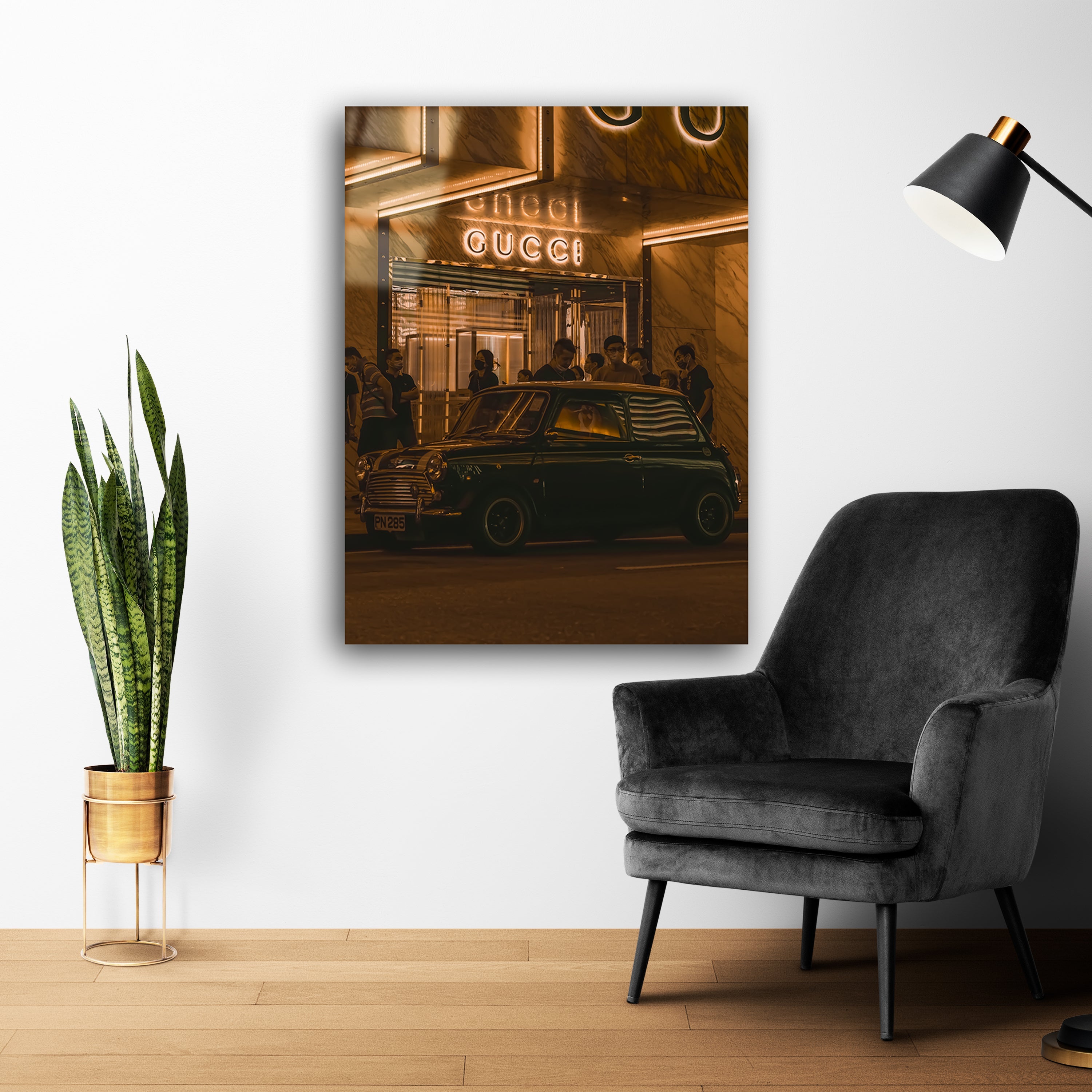 Glasschilderij - 100x150 / 80x120 / 60x90cm (staand) - Mini Cooper x Gucci