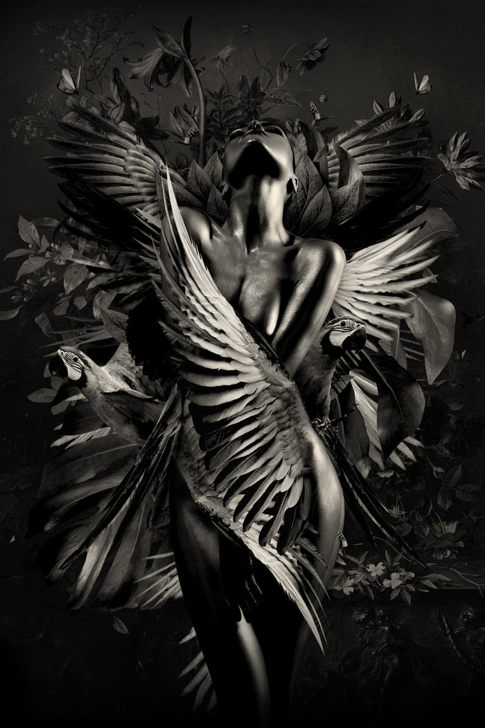 Glasschilderij - 100x150 / 80x120cm - Exclusive - Model - Elizabeth Fly - Vrouw met Vleugels