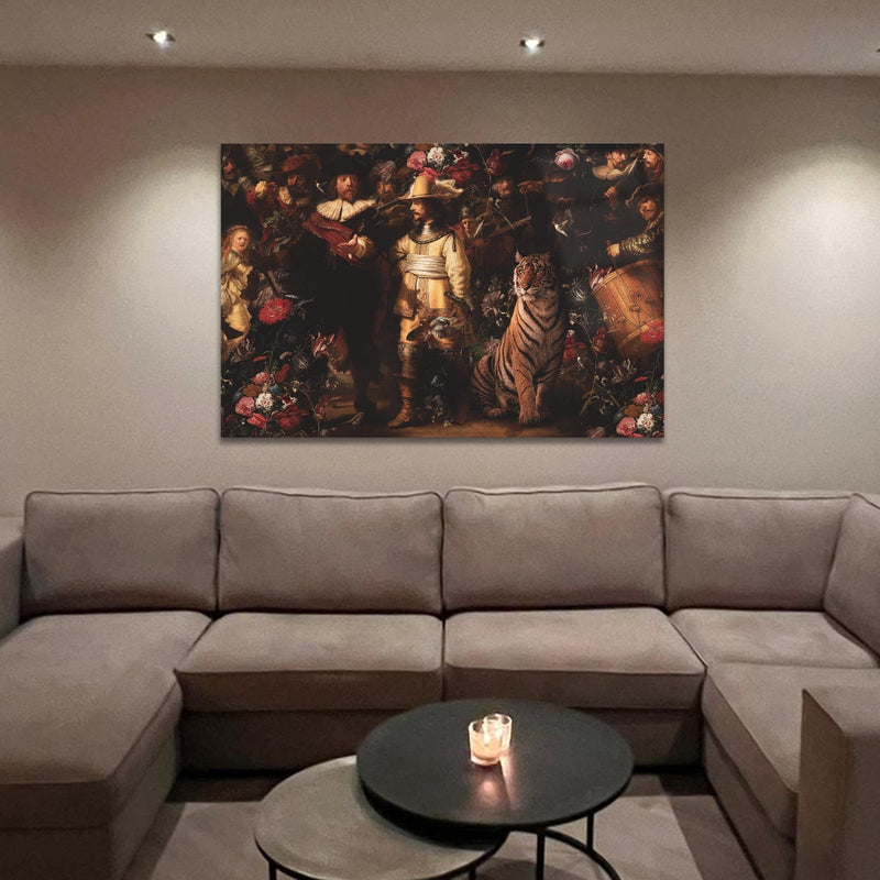 Glasschilderij - 100x150 / 80x120cm (liggend) - Exclusive - Nachtwacht - meubelboutique.nl