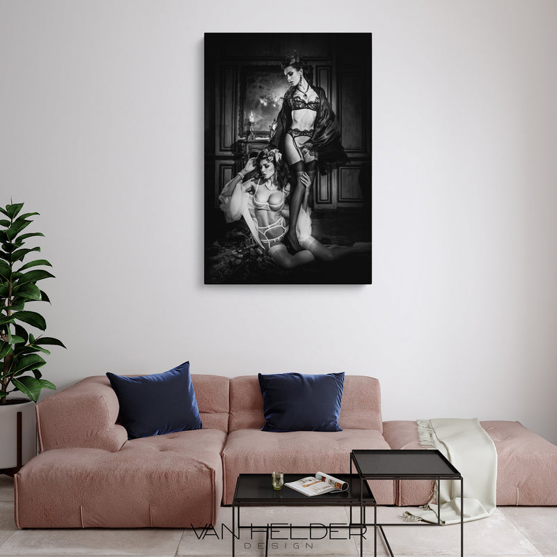 Glasschilderij - 120x80cm - Exclusive - Model - Silk Women Black White meubelboutique.nl