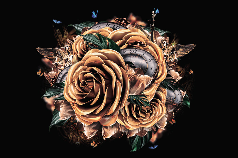 Glasschilderij - 120x80cm - Exclusive - Special - Classic Clock In Flowers