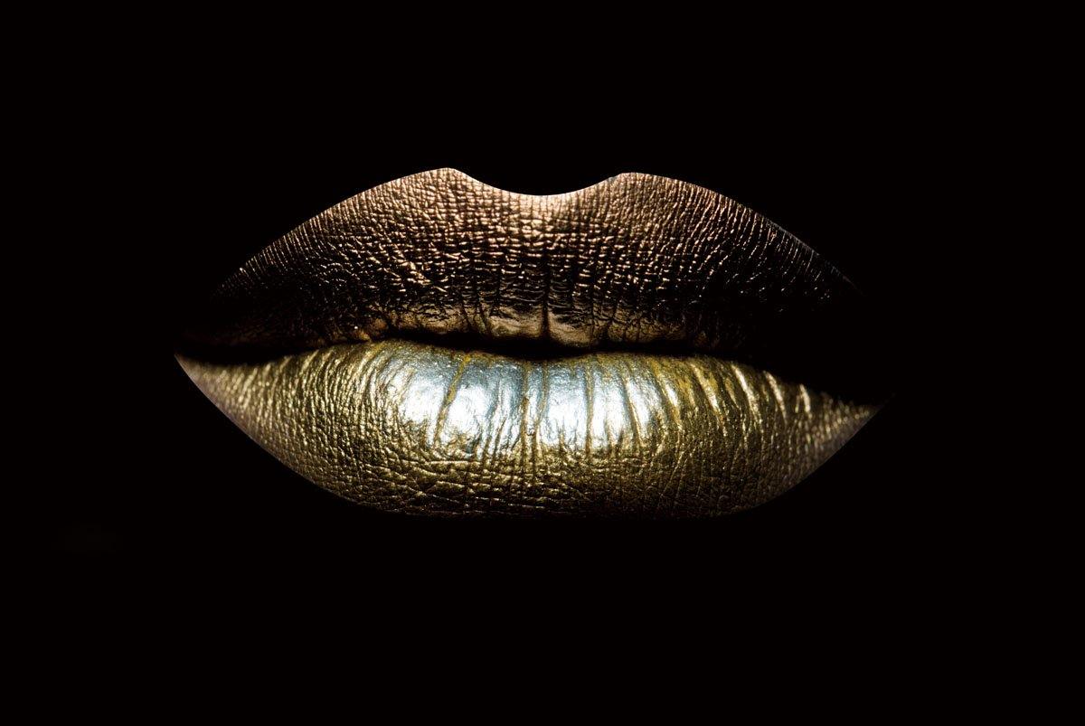 Glasschilderij - 120x80cm - Speciaal - Gouden Lippen / Golden Lips Art