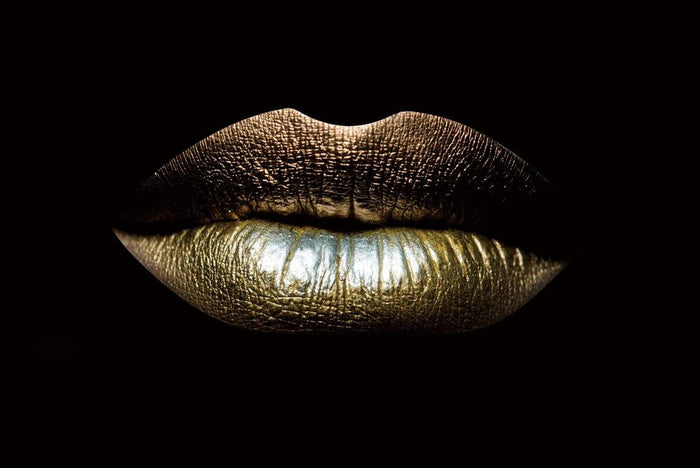 Glasschilderij - 120x80cm - Speciaal - Gouden Lippen / Golden Lips Art