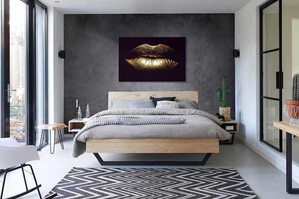 Glasschilderij - 120x80cm - Speciaal - Gouden Lippen / Golden Lips Art