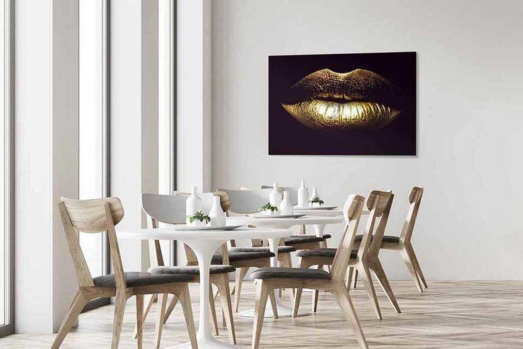 Glasschilderij - 120x80cm - Speciaal - Gouden Lippen / Golden Lips Art