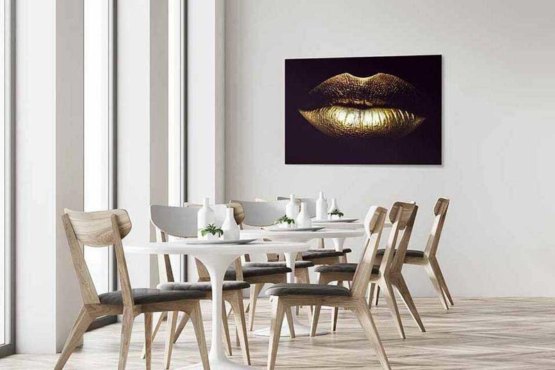 Glasschilderij - 120x80cm - Speciaal - Gouden Lippen / Golden Lips Art meubelboutique.nl