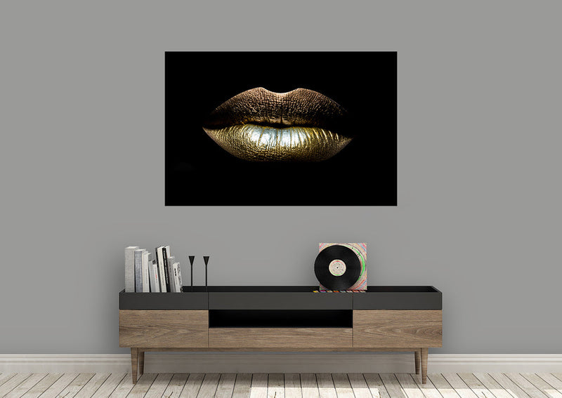 Glasschilderij - 120x80cm - Speciaal - Gouden Lippen / Golden Lips Art meubelboutique.nl
