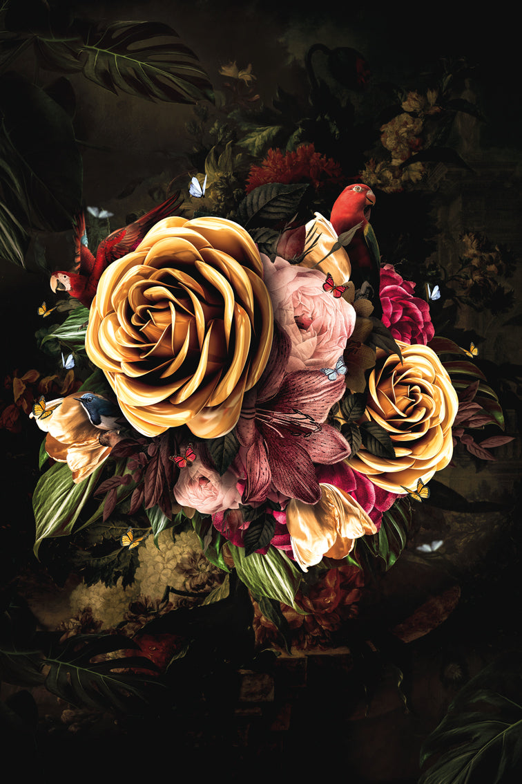 Glasschilderij - 80x120cm - Exclusive - Special - Golden Flower Nature