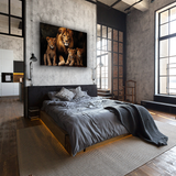 Glasschilderij - Exclusive - Liggend - Leeuwenfamilie 2 Welpen Sky