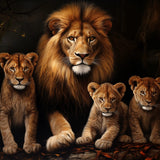 Glasschilderij - Exclusive - Liggend - Leeuwenfamilie 2 Welpen Sky