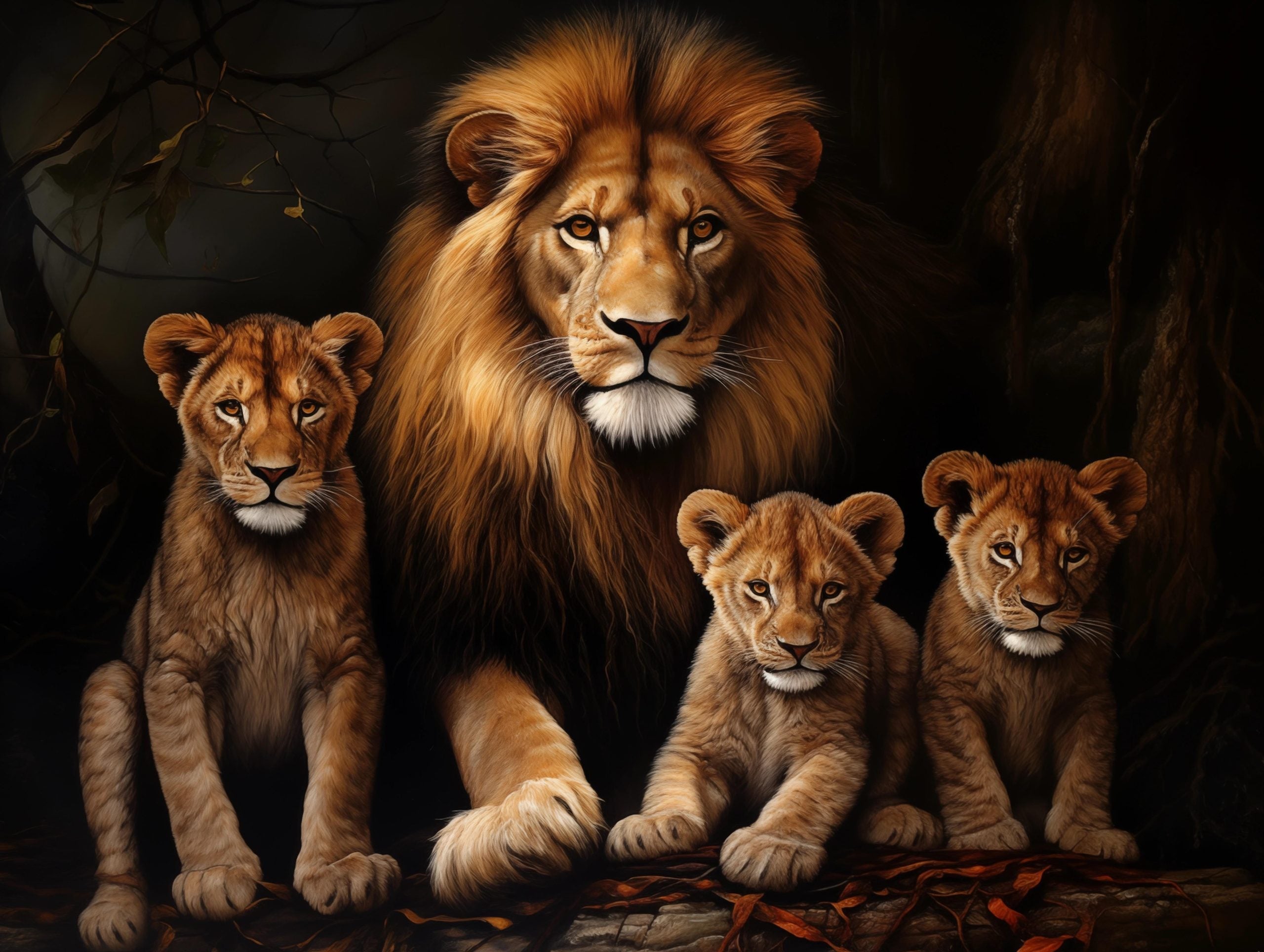 Glasschilderij - Exclusive - Liggend - Leeuwenfamilie 2 Welpen Sky