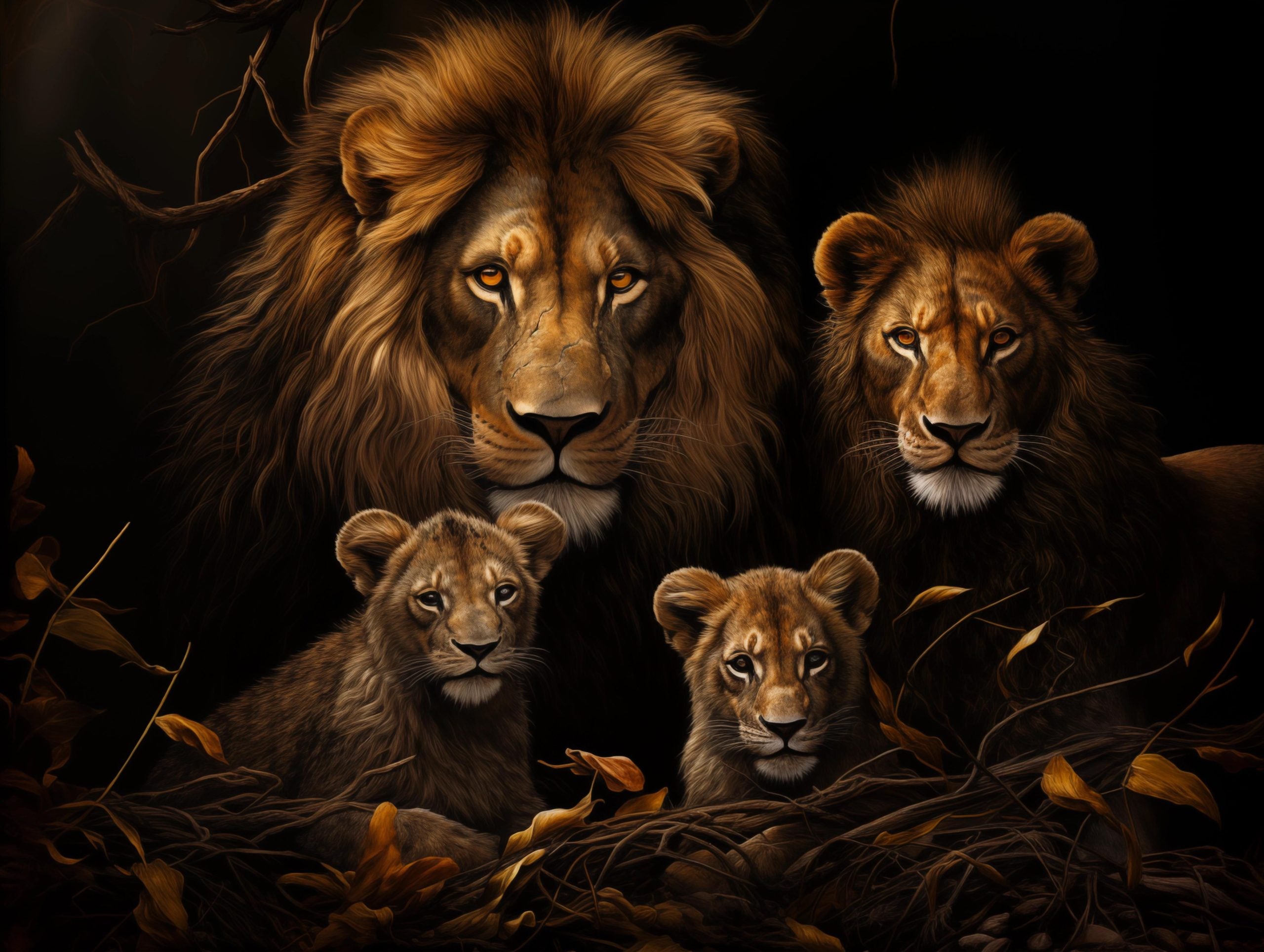 Glasschilderij - Exclusive - Liggend - Leeuwenfamilie 2 Welpen