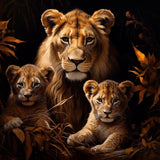Glasschilderij - Exclusive - Liggend - Leeuwenfamilie Leeuwin 2 Welpen