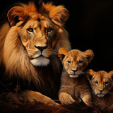 Glasschilderij - Exclusive - Liggend - Leeuwenfamilie Man 2 Welpen