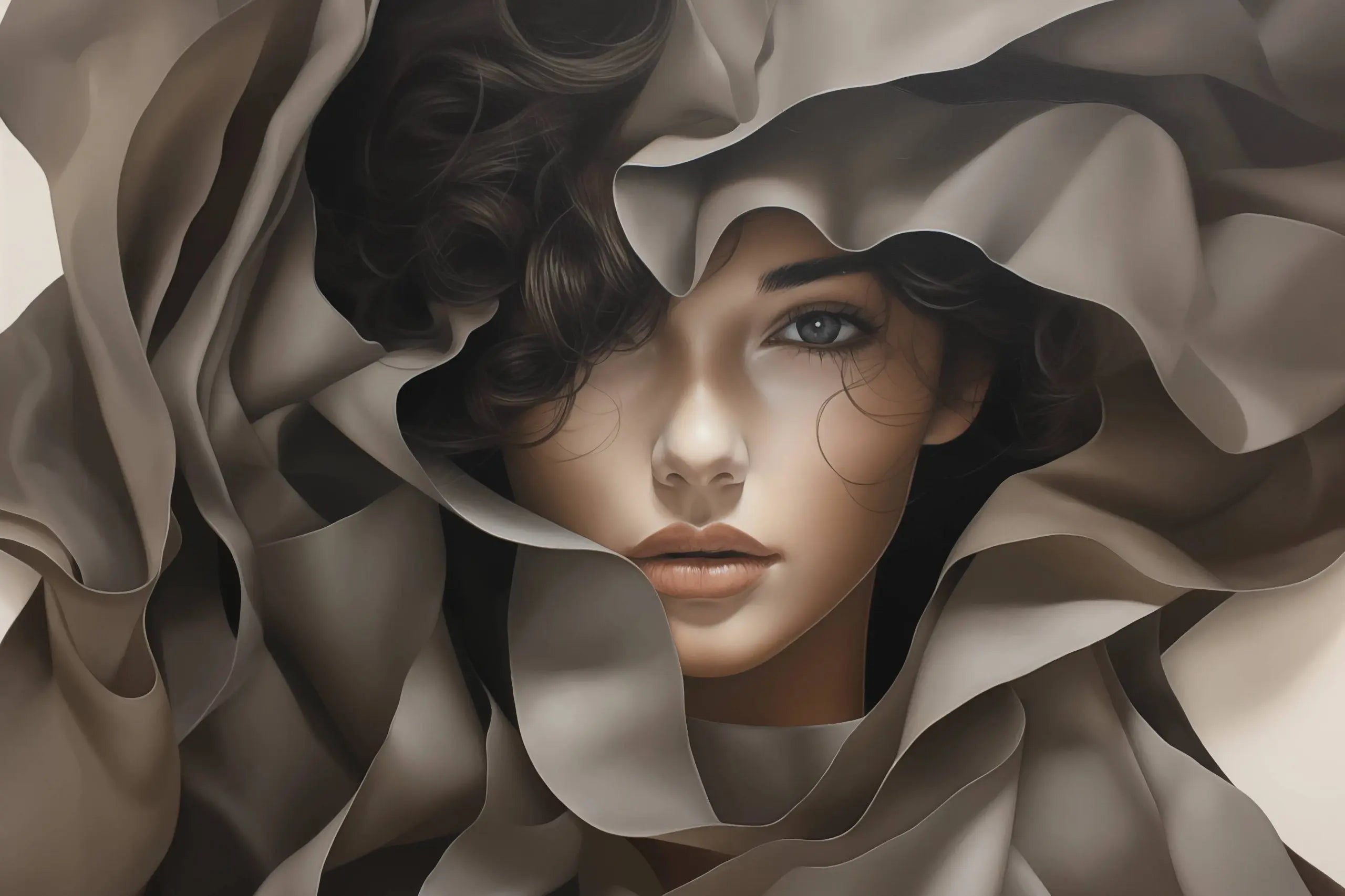 Glasschilderij - Exclusive - Liggend - Vrouw Abstract Cremé 150x100x0.4 cm