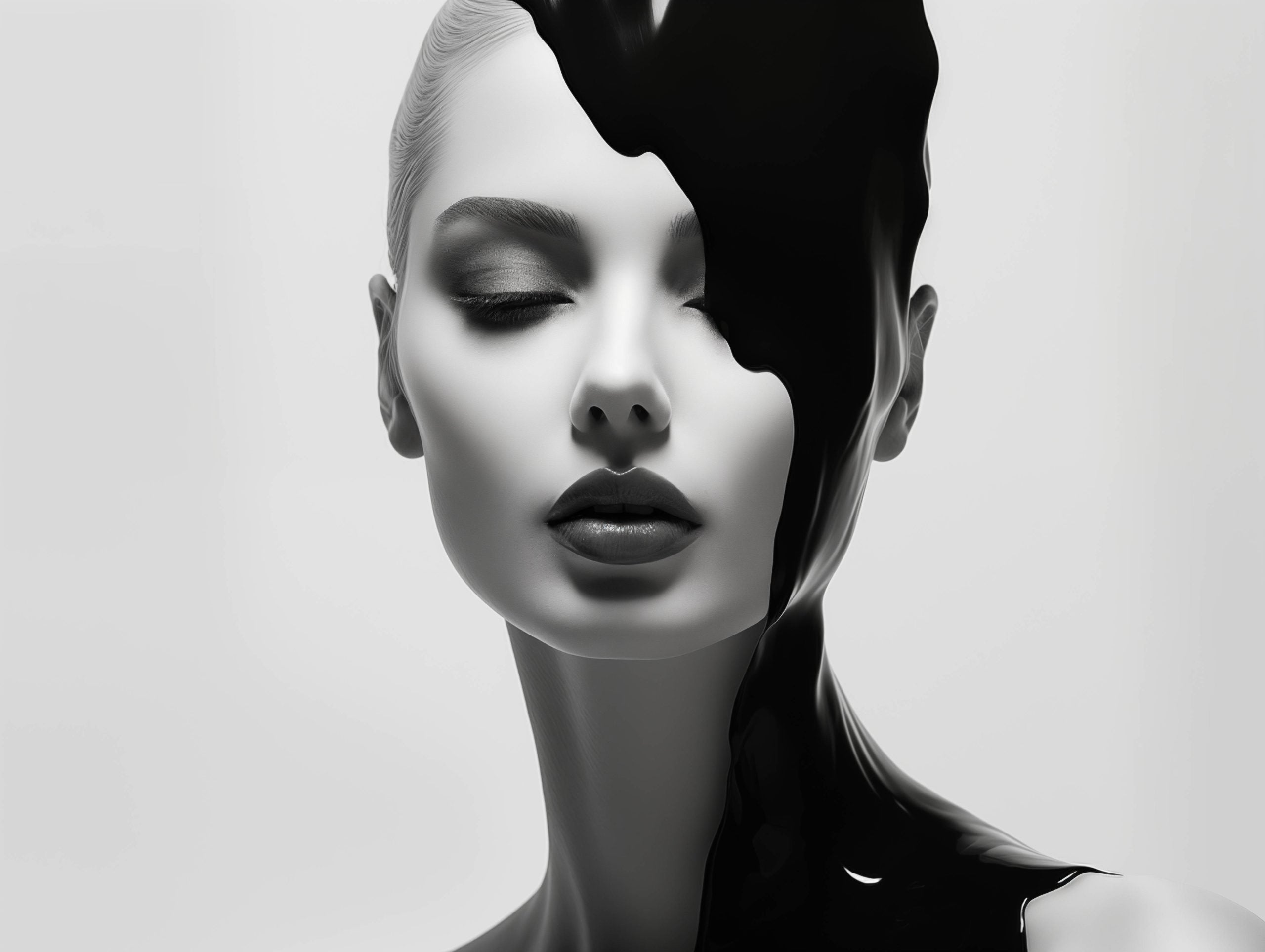 Glasschilderij - Exclusive - Liggend - Vrouw met Zwart Abstract