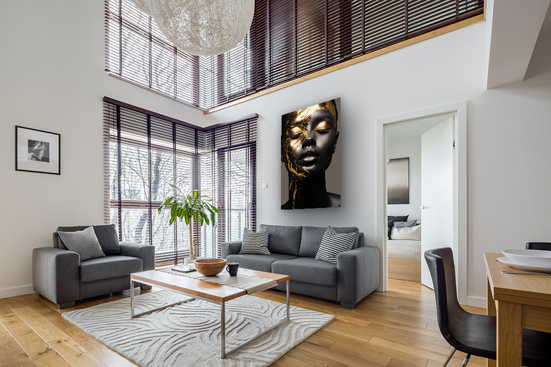 Glasschilderij - Exclusive - Staand - Abstract Vrouw Goud Jane