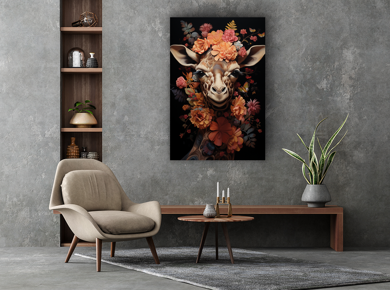 Glasschilderij - Exclusive - Staand - Giraf met Bloemen