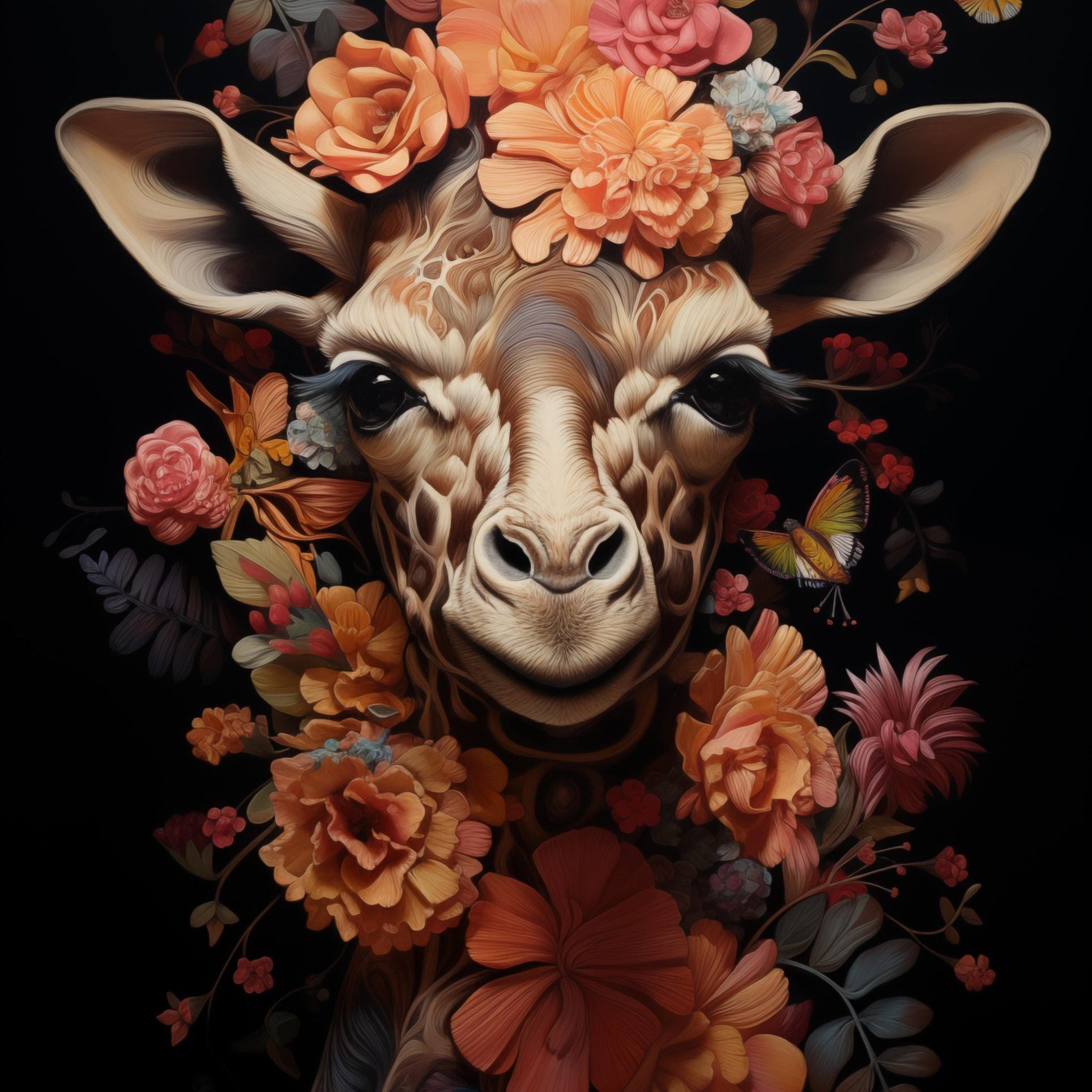 Glasschilderij - Exclusive - Staand - Giraf met Bloemen