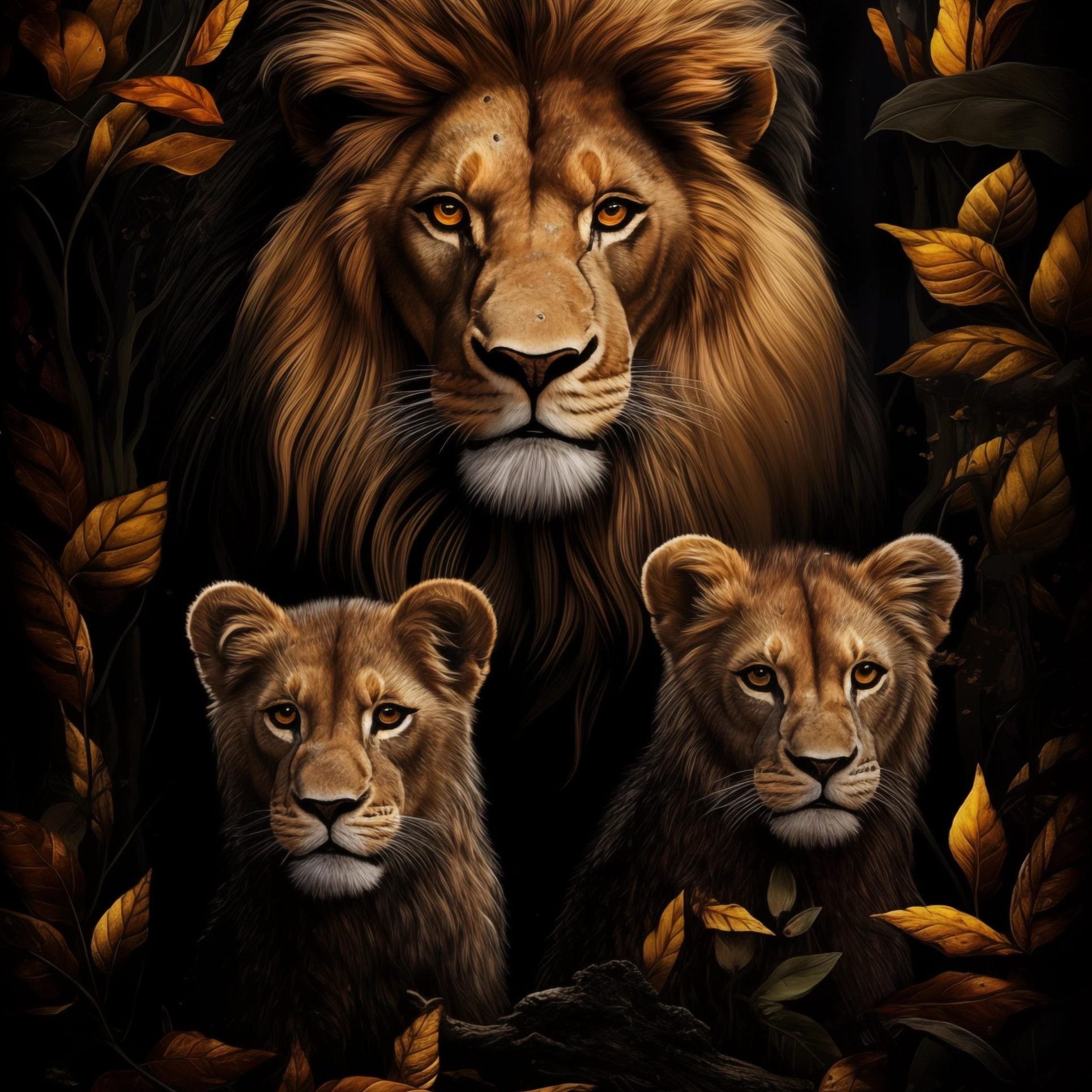 Glasschilderij - Exclusive - Staand - Leeuwenfamilie 2 Welpen Jack