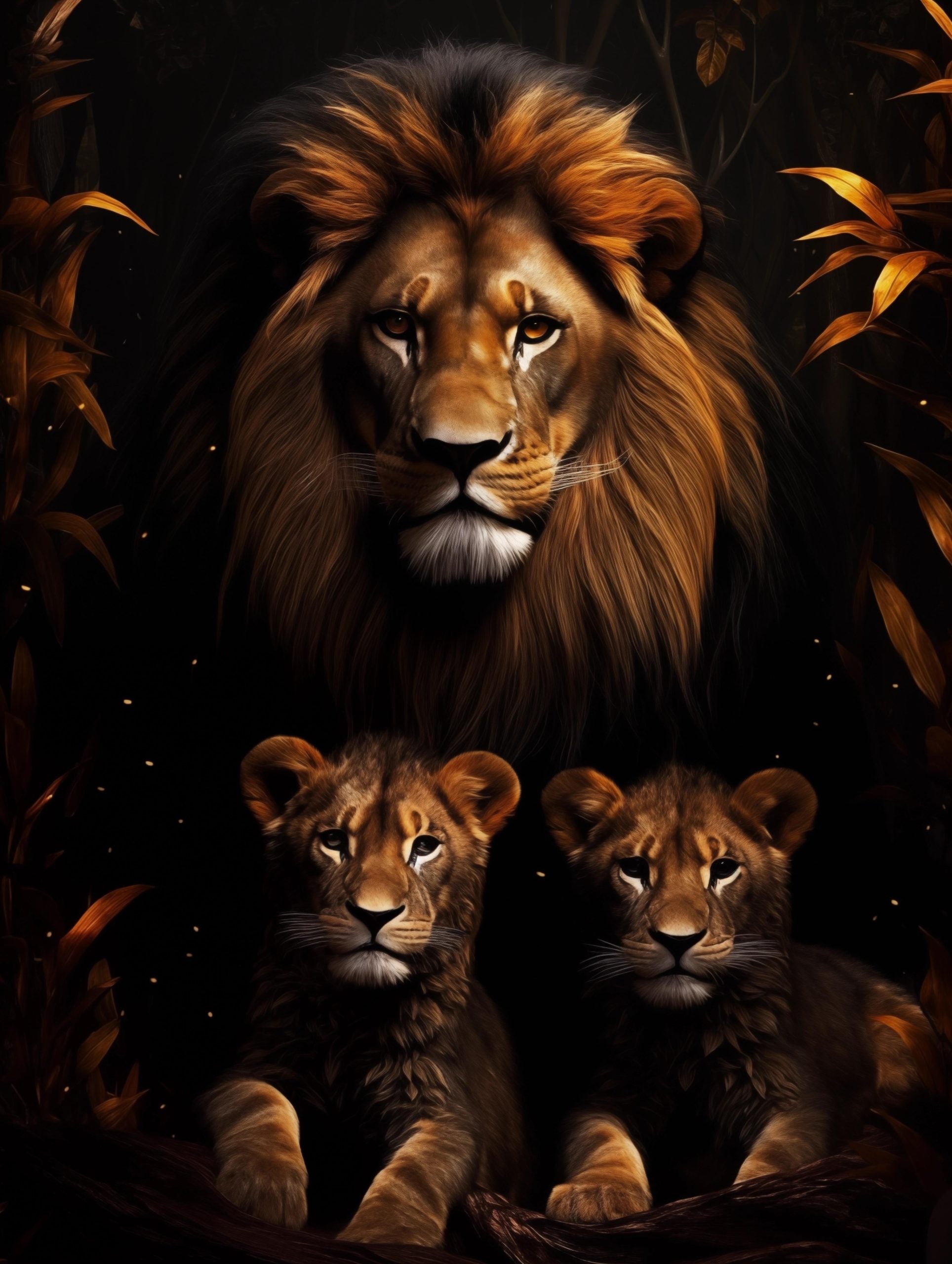 Glasschilderij - Exclusive - Staand - Leeuwenfamilie 2 Welpen Mona