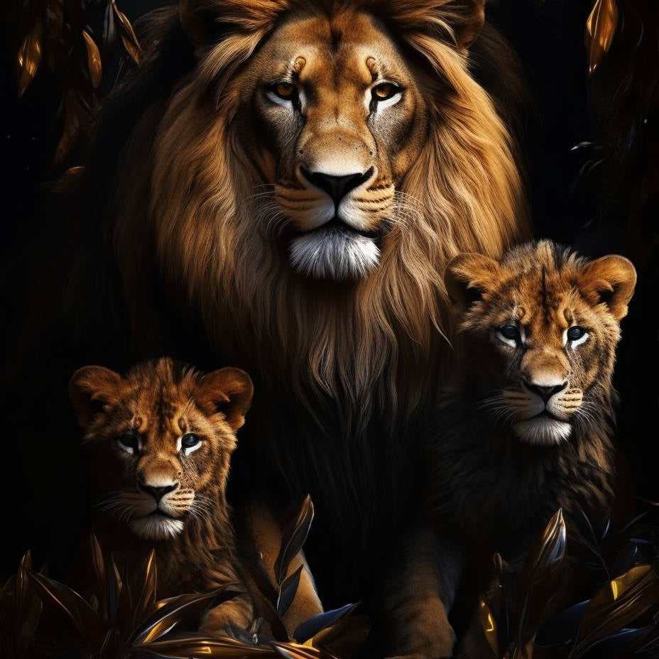 Glasschilderij - Exclusive - Staand - Leeuwenfamilie 2 Welpen Saar