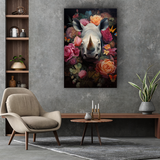 Glasschilderij - Exclusive - Staand - Neushoorn met Bloemen