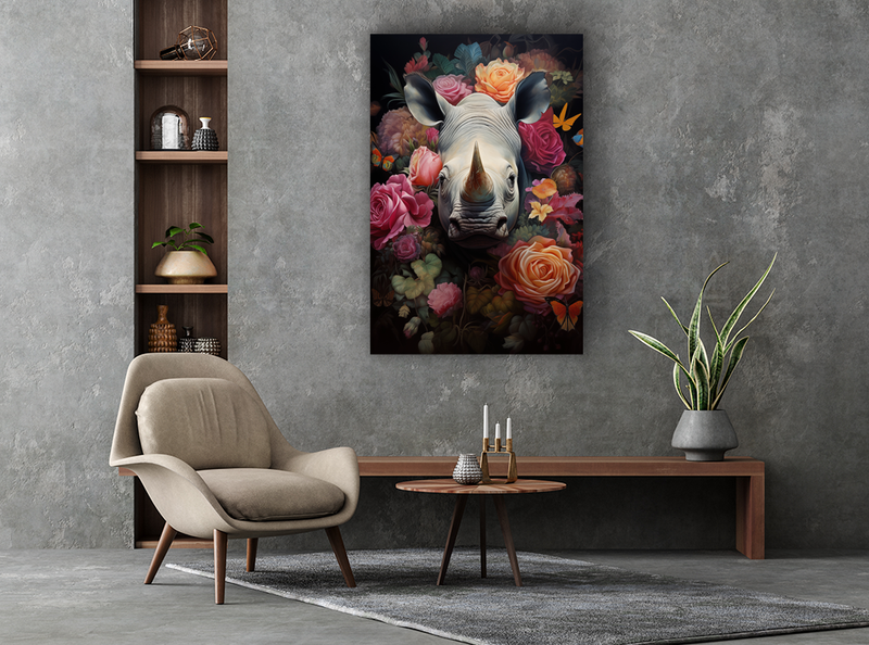 Glasschilderij - Exclusive - Staand - Neushoorn met Bloemen