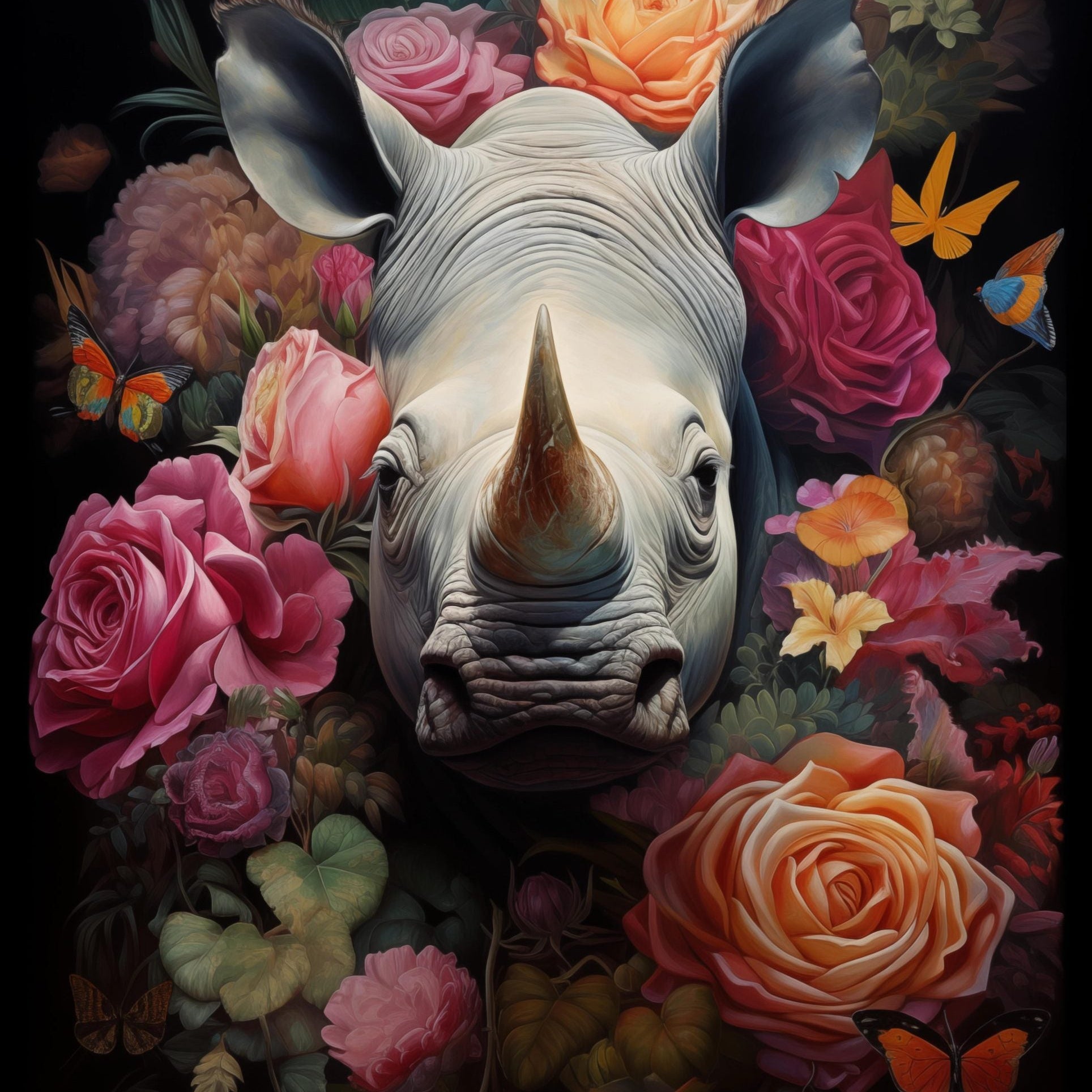 Glasschilderij - Exclusive - Staand - Neushoorn met Bloemen