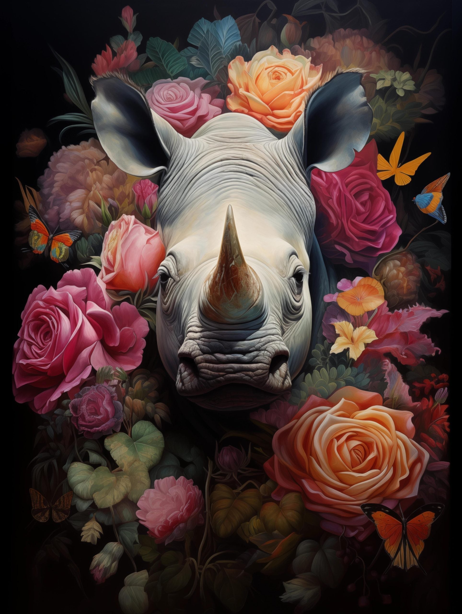 Glasschilderij - Exclusive - Staand - Neushoorn met Bloemen