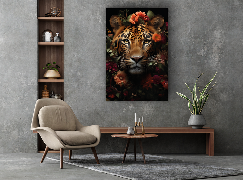 Glasschilderij - Exclusive - Staand - Panter met Bloemen Evi