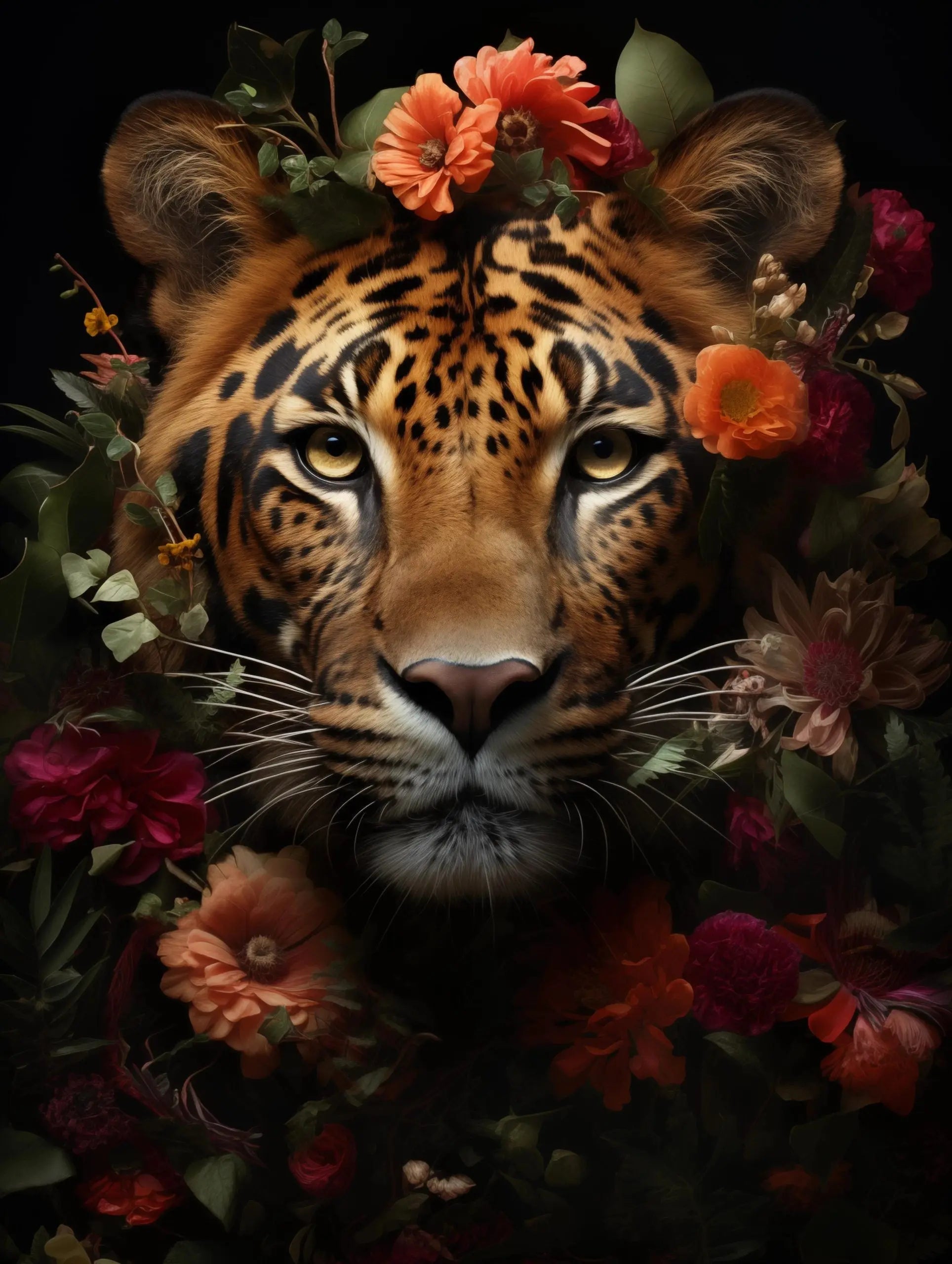 Glasschilderij - Exclusive - Staand - Panter met Bloemen Evi