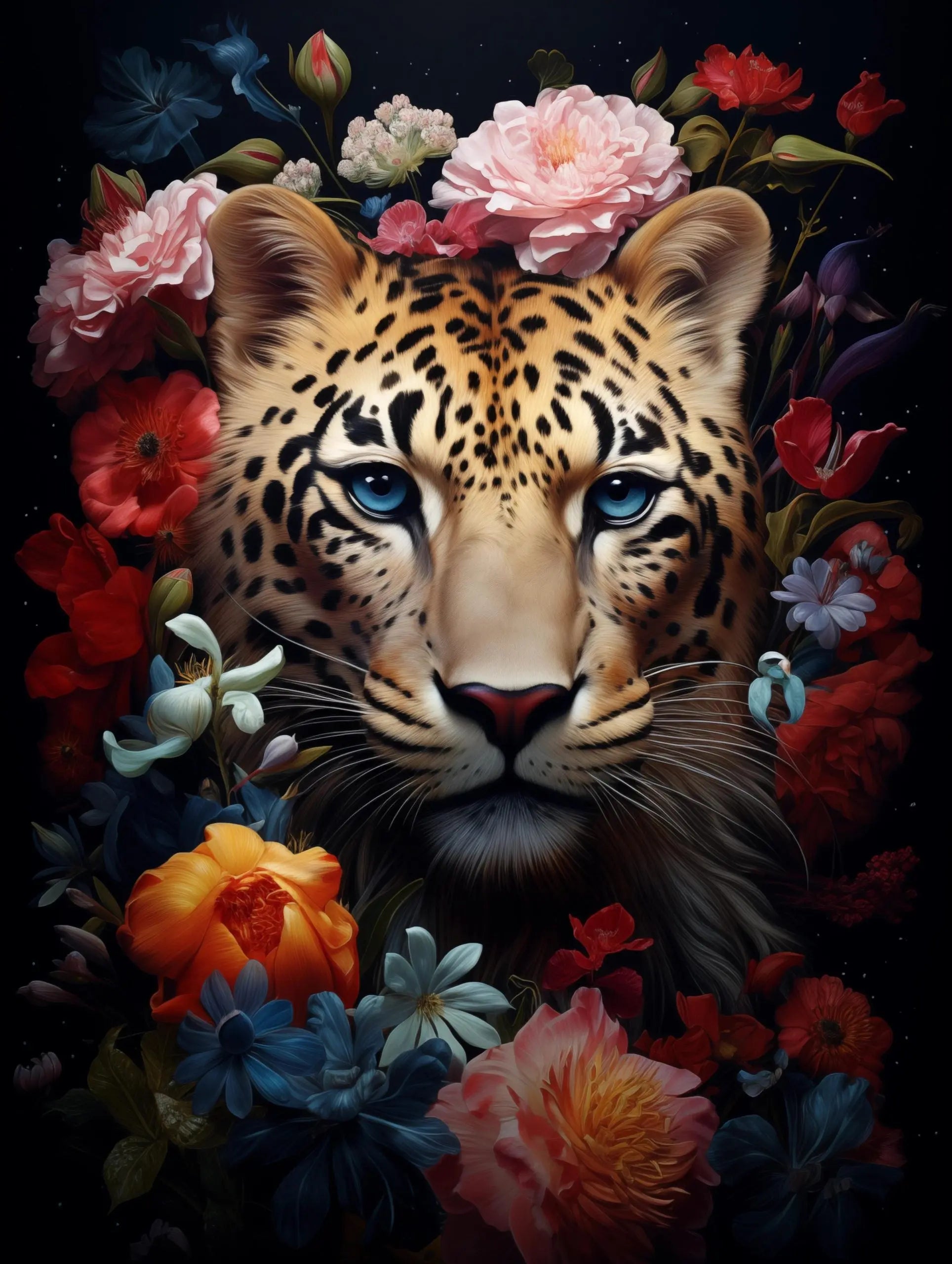 Glasschilderij - Exclusive - Staand - Panter met Bloemen Mila