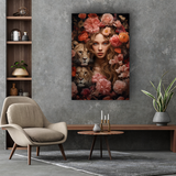 Glasschilderij - Exclusive - Staand - Vrouw met Roze Bloemen Amber