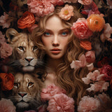 Glasschilderij - Exclusive - Staand - Vrouw met Roze Bloemen Amber