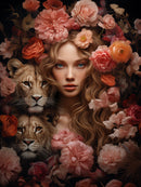 Glasschilderij - Exclusive - Staand - Vrouw met Roze Bloemen Amber