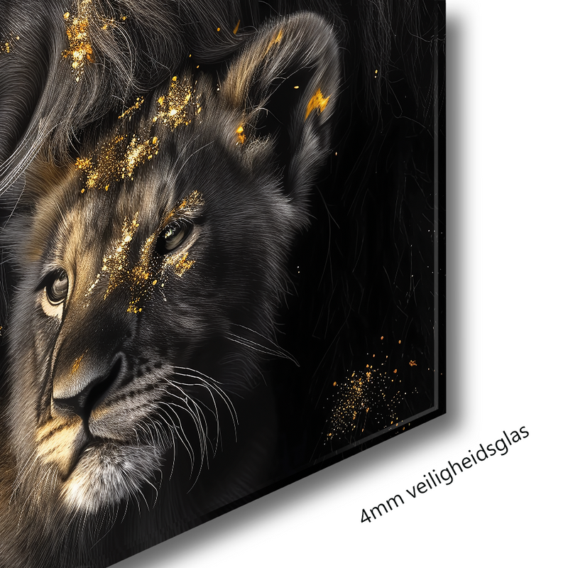 Glasschilderij - Exclusive - Liggend - Leeuwenfamilie 1 welpje, Leeuwenwacht - Gouden Eeuw Serie