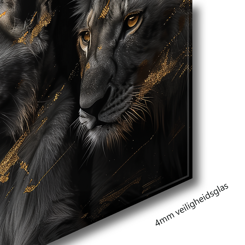 Glasschilderij - Exclusive - Liggend - Leeuwenfamilie 3 Welpjes, de Palmen - Gouden Eeuw Serie