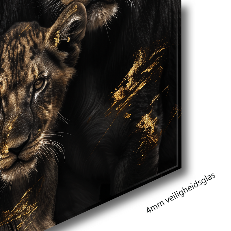 Glasschilderij - Exclusive - Liggend - Leeuwenfamilie 3 Welpjes de Grote Brul - Gouden Eeuw Serie