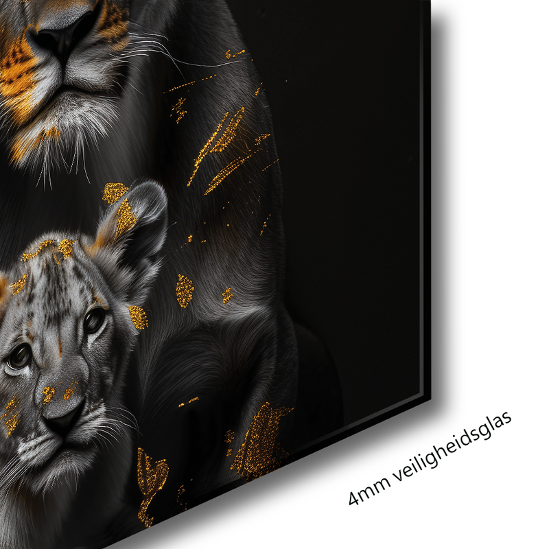 Glasschilderij - Exclusive - Liggend - Leeuwenfamilie 4 Welpen, Zanten - Gouden Eeuw Serie