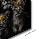 Glasschilderij - Exclusive - Liggend - Leeuwenfamilie 5 Welpjes, Harmonie - Gouden Eeuw Serie